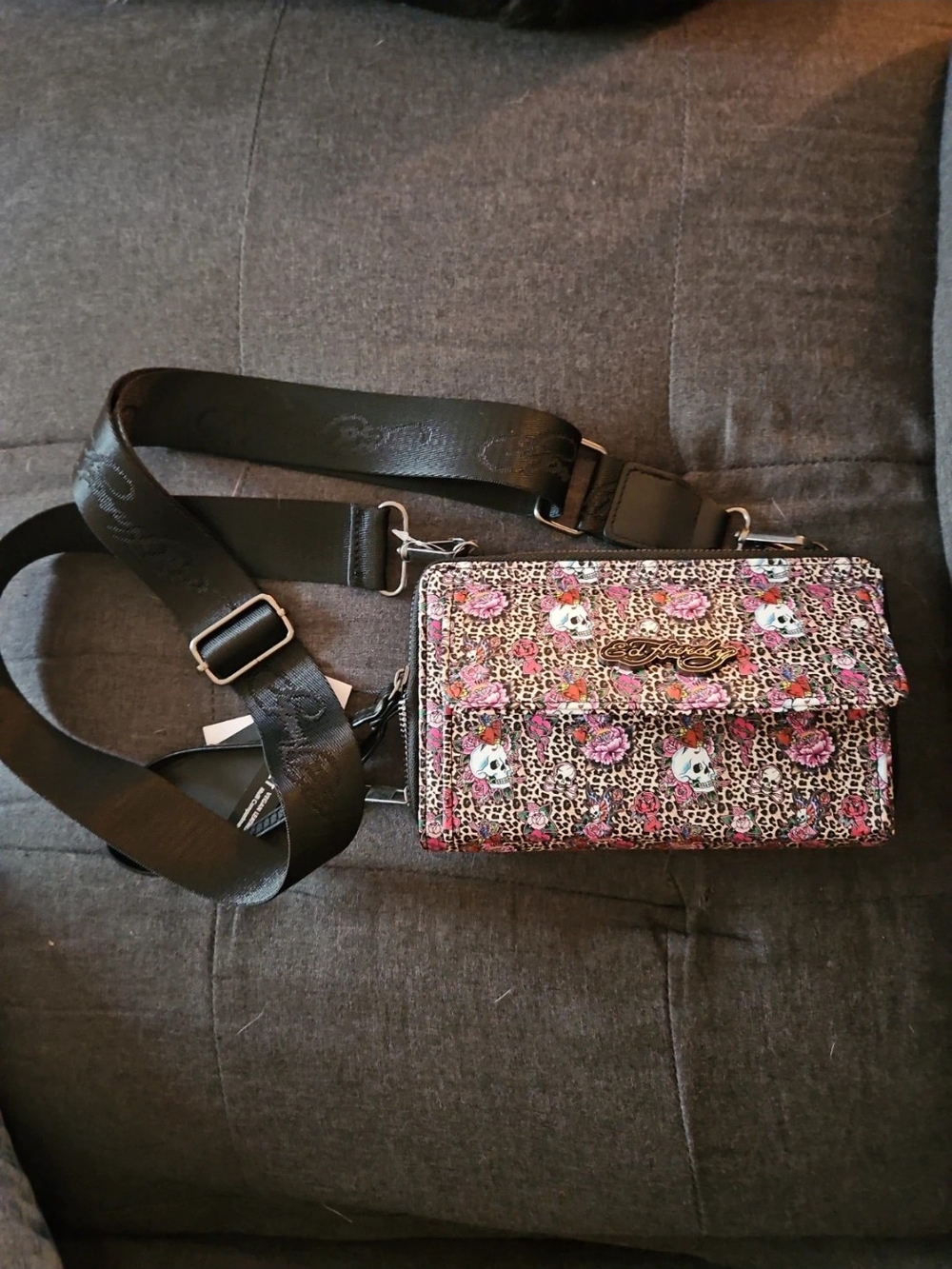Ed Hardy Pink Floral Leopard Print Crossbody with Black Strap